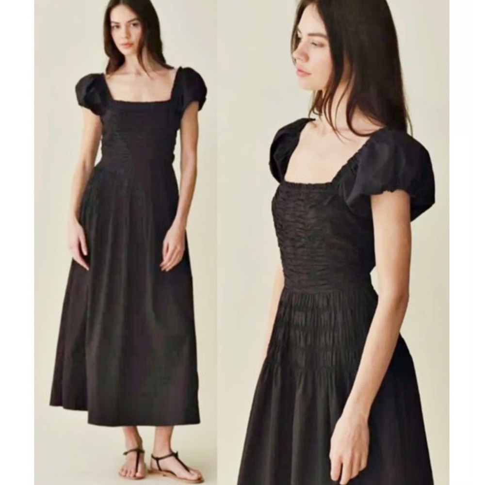 Caroline Constas Shirred Bodice Puff Sleeve Long Maxi Dress in Black size M